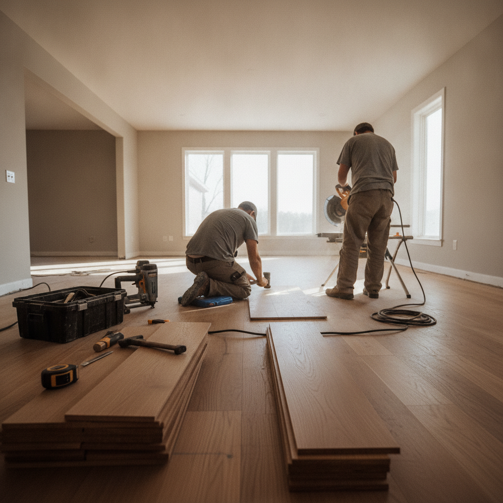 Create a realistic, professional service-business photograph showing Flooring Installation from behind, with the backs of their heads visible. Do not show any faces, facial features, front-facing views or side views, profiles, or identifiab