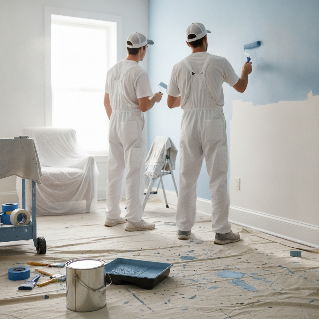 Create a realistic, professional service-business photograph showing Interior Painting from behind, with the backs of their heads visible. Do not show any faces, facial features, front-facing views or side views, profiles, or identifiable p