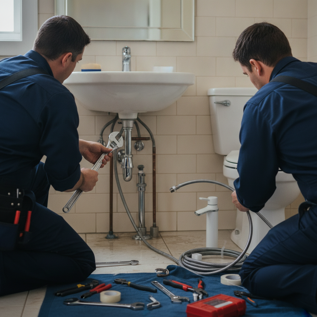 Create a realistic, professional service-business photograph showing Plumbing Repairs from behind, with the backs of their heads visible. Do not show any faces, facial features, front-facing views or side views, profiles, or identifiable pe