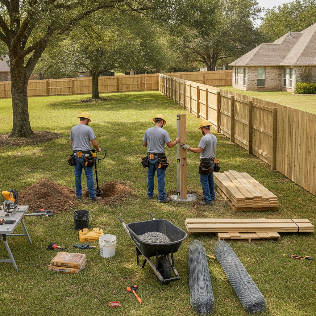 Create a realistic, professional service-business photograph showing Fence Installation from behind, with the backs of their heads visible. Do not show any faces, facial features, front-facing views or side views, profiles, or identifiable