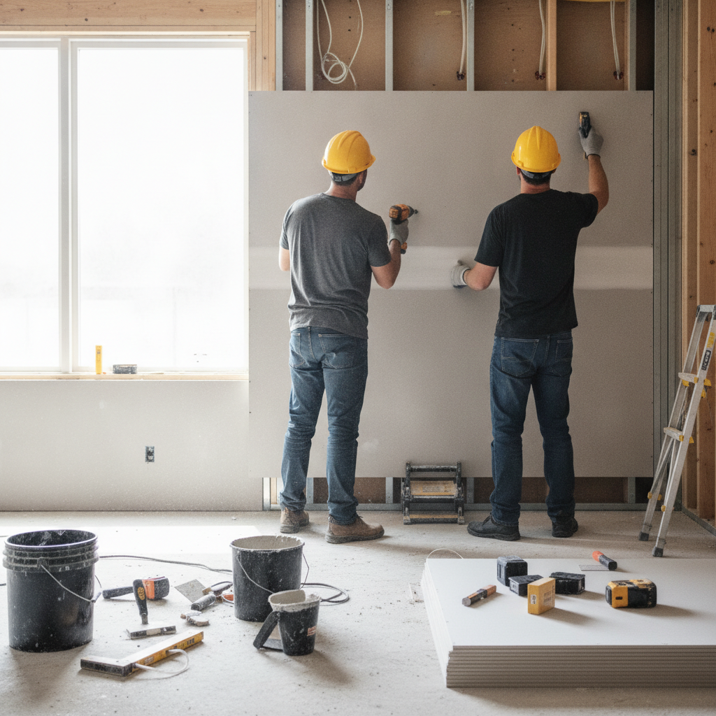 Create a realistic, professional service-business photograph showing Drywall Installation from behind, with the backs of their heads visible. Do not show any faces, facial features, front-facing views or side views, profiles, or identifiabl